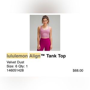 Lululemon Align Tank Top, 6 — Velvet Dust